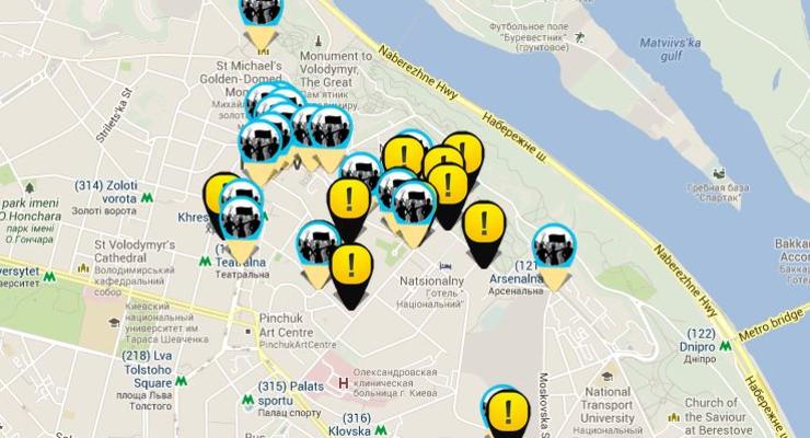 В сети опубликована карта митингов и милицейских кордонов