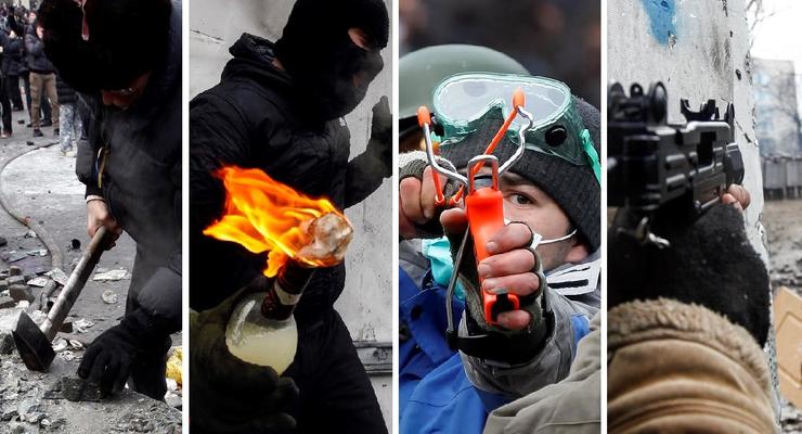 Камни, бутылки, рогатки и пневматы. Как участники Евромайдана атакуют силовиков на Грушевского - фоторепортаж