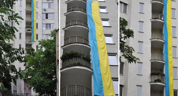 В Киеве на высотке вывесили «6-этажный» флаг Украины