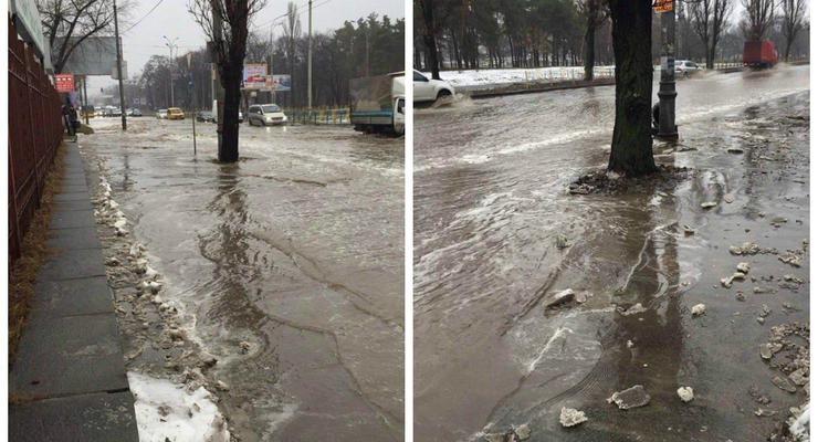 В Киеве из-за прорыва трубы на проспекте появилось "озеро"