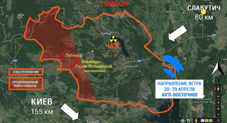 Появилась карта масштабных лесных пожаров в Чернобыльской зоне