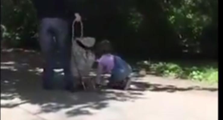 В России полиция ищет женщину, которая выгуливала ребенка на поводке