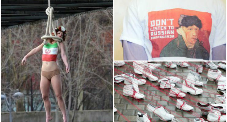 День в фото: антипутинская футболка, протесты Femen и инсталляция в память о Холокосте