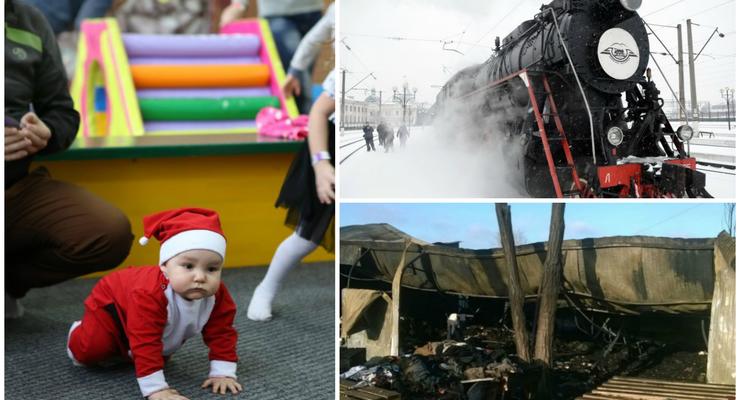 День в фото: гонки маленьких Санта-Клаусов, ретро-поезд во Львове и последствия пожара в Киеве