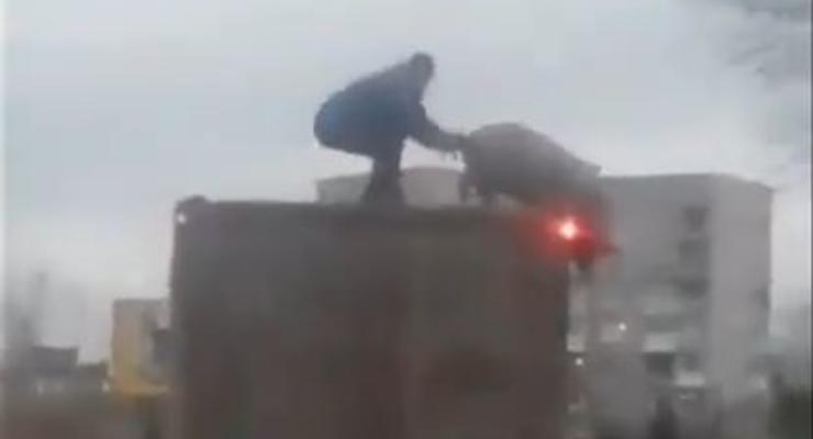 Под Киевом мужчина на крыше грузовика ловил свинью