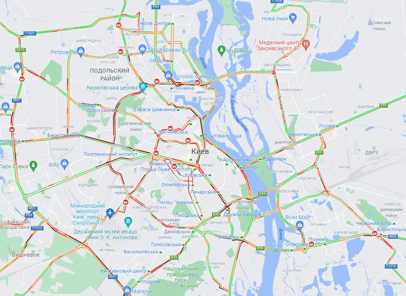 Киев сковали пробки / google.maps