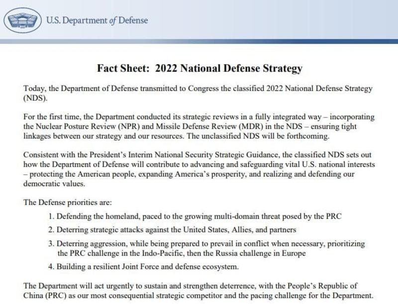 Оборонная стратегия США на 2022 год. / Пентагон
